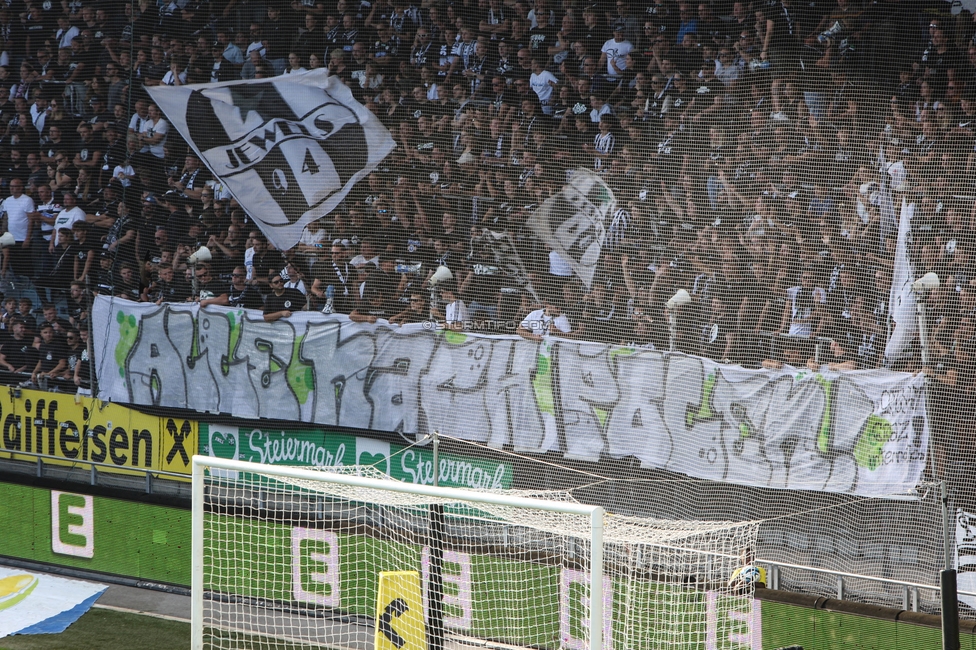 Sturm Graz - Wattens
Oesterreichische Fussball Bundesliga, 9. Runde, SK Sturm Graz - WSG Tirol, Stadion Liebenau Graz, 01.10.2023. 

Foto zeigt Fans von Sturm mit einem Spruchband
