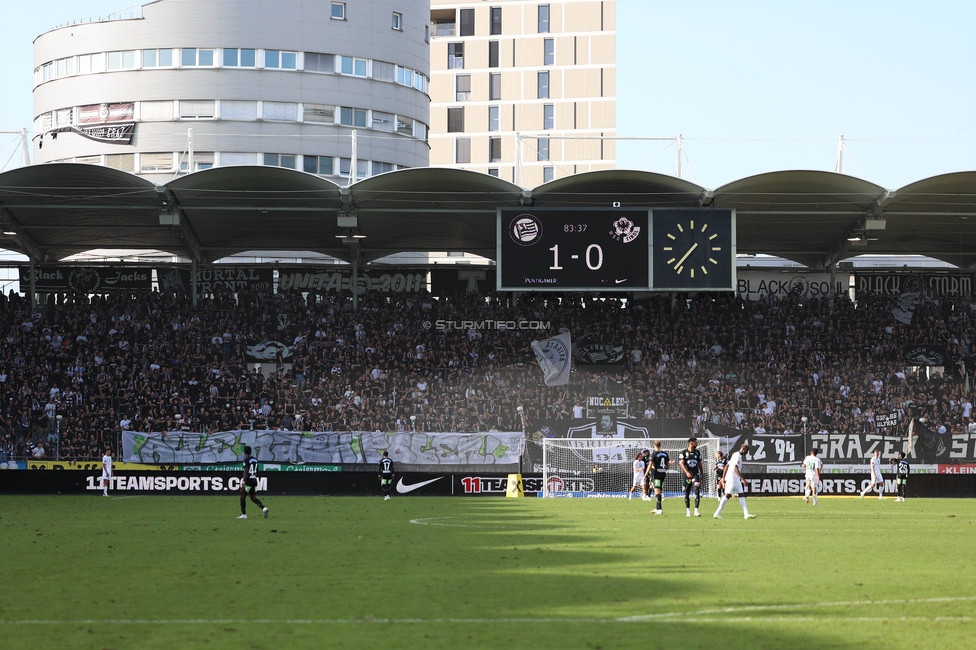 Sturm Graz - Wattens
Oesterreichische Fussball Bundesliga, 9. Runde, SK Sturm Graz - WSG Tirol, Stadion Liebenau Graz, 01.10.2023. 

Foto zeigt Fans von Sturm mit einem Spruchband
