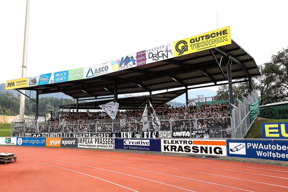 Wolfsberg - Sturm Graz
Oesterreichische Fussball Bundesliga, 10. Runde, Wolfsberger AC - SK Sturm Graz, Lavanttal-Arena Wolfsberg, 08.10.2023. 

Foto zeigt Fans von Sturm
