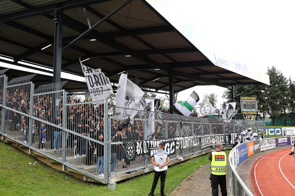 Wolfsberg - Sturm Graz
Oesterreichische Fussball Bundesliga, 10. Runde, Wolfsberger AC - SK Sturm Graz, Lavanttal-Arena Wolfsberg, 08.10.2023. 

Foto zeigt Fans von Sturm
