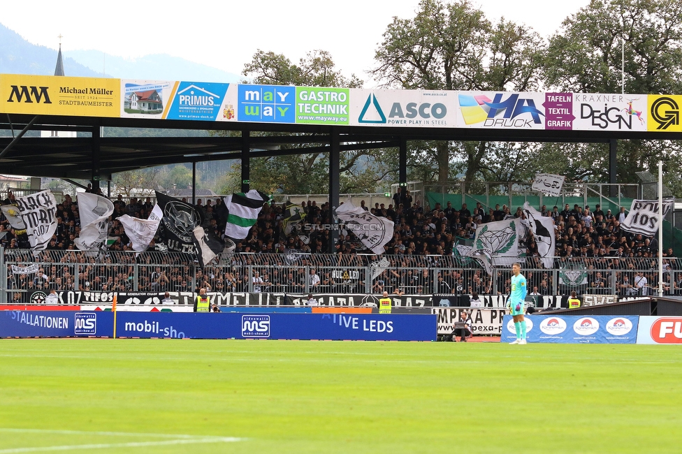 Wolfsberg - Sturm Graz
Oesterreichische Fussball Bundesliga, 10. Runde, Wolfsberger AC - SK Sturm Graz, Lavanttal-Arena Wolfsberg, 08.10.2023. 

Foto zeigt Fans von Sturm
