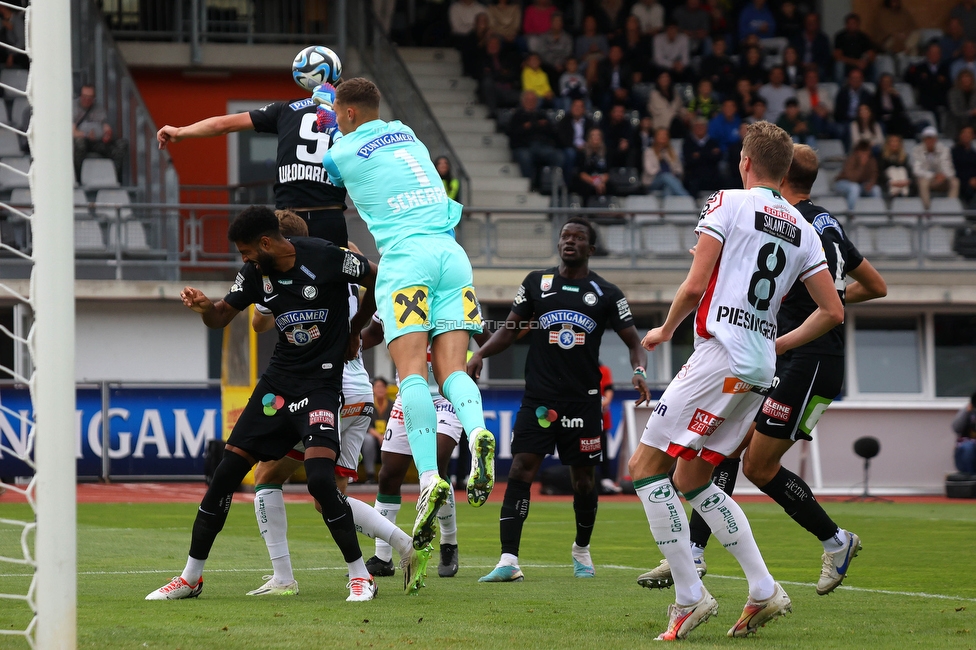 Wolfsberg - Sturm Graz
Oesterreichische Fussball Bundesliga, 10. Runde, Wolfsberger AC - SK Sturm Graz, Lavanttal-Arena Wolfsberg, 08.10.2023. 

Foto zeigt Gregory Wuethrich (Sturm) und Kjell Scherpen (Sturm)
