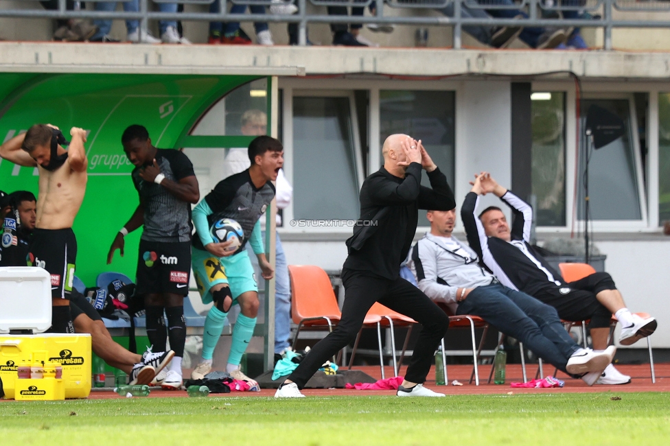 Wolfsberg - Sturm Graz
Oesterreichische Fussball Bundesliga, 10. Runde, Wolfsberger AC - SK Sturm Graz, Lavanttal-Arena Wolfsberg, 08.10.2023. 

Foto zeigt Christian Ilzer (Cheftrainer Sturm) und Luka Maric (Sturm)
