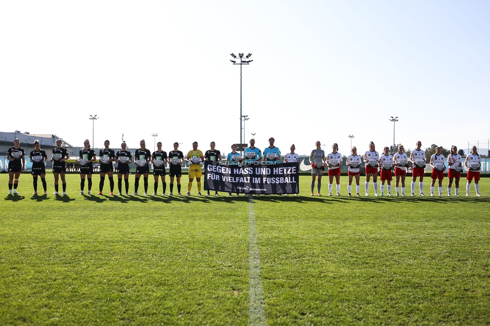 Sturm Damen - Blau Weiss Linz
OEFB Frauen Bundesliga, 6. Runde, SK Sturm Graz Damen - FC Blau Weiss Linz Union Kleinmuenchen, Trainingszentrum Messendorf, 14.10.2023. 

Foto zeigt die Aktion Gegen Hass und Hetze
