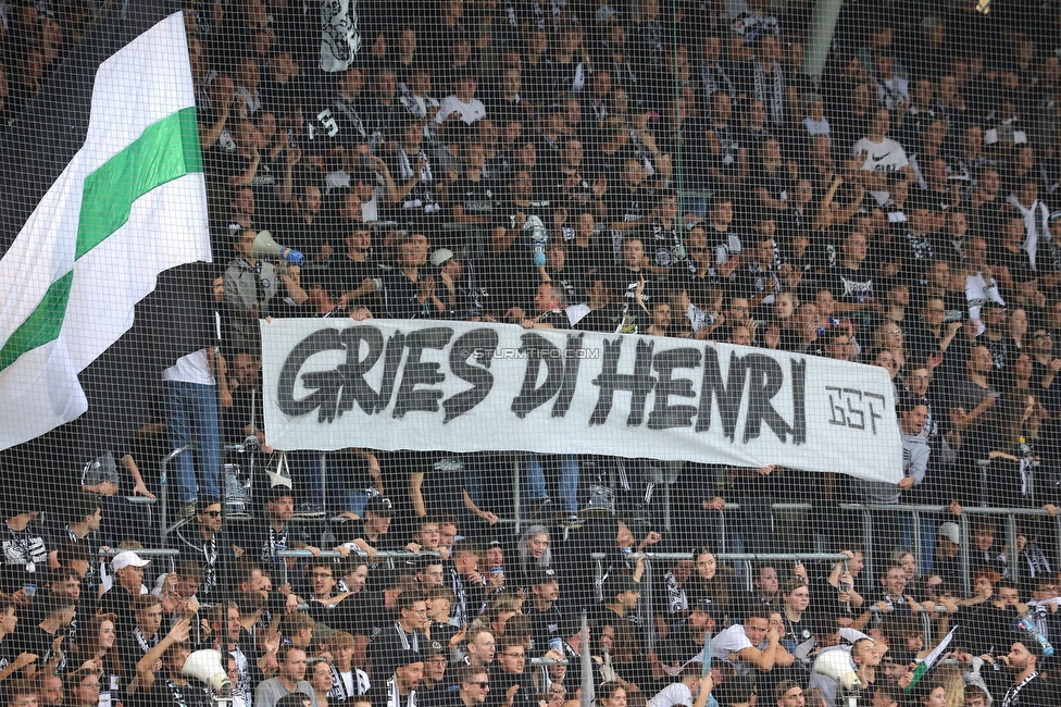 Sturm Graz - Hartberg
Oesterreichische Fussball Bundesliga, 11. Runde, SK Sturm Graz - TSV Hartberg, Stadion Liebenau Graz, 21.10.2023. 

Foto zeigt Fans von Sturm mit einem Spruchband
Schlüsselwörter: sturmflut