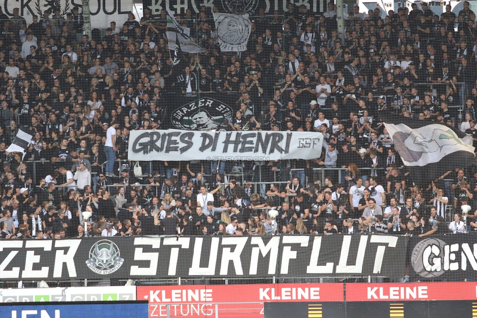 Sturm Graz - Hartberg
Oesterreichische Fussball Bundesliga, 11. Runde, SK Sturm Graz - TSV Hartberg, Stadion Liebenau Graz, 21.10.2023. 

Foto zeigt Fans von Sturm mit einem Spruchband
Schlüsselwörter: sturmflut baby