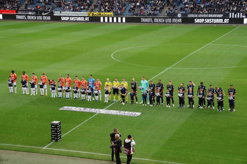 Sturm Graz - Hartberg
Oesterreichische Fussball Bundesliga, 11. Runde, SK Sturm Graz - TSV Hartberg,  Stadion Liebenau Graz, 21.10.2023. 

Foto zeigt Mannschaft von Hartberg und die Mannschaft von Sturm
