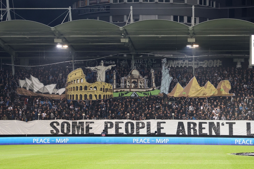 Sturm Graz - Atalanta
UEFA Europa League Gruppenphase 3. Spieltag, SK Sturm Graz - Atalanta Bergamo, Stadion Liebenau Graz, 26.10.2023. 

Foto zeigt Fans von Sturm mit einer Choreografie
