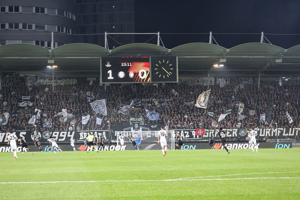 Sturm Graz - Atalanta
UEFA Europa League Gruppenphase 3. Spieltag, SK Sturm Graz - Atalanta Bergamo, Stadion Liebenau Graz, 26.10.2023. 

Foto zeigt Fans von Sturm
