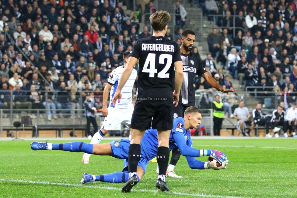 Sturm Graz - Atalanta
UEFA Europa League Gruppenphase 3. Spieltag, SK Sturm Graz - Atalanta Bergamo, Stadion Liebenau Graz, 26.10.2023. 

Foto zeigt David Affengruber (Sturm), Kjell Scherpen (Sturm) und Gregory Wuethrich (Sturm)
