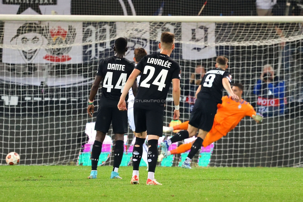 Sturm Graz - Atalanta
UEFA Europa League Gruppenphase 3. Spieltag, SK Sturm Graz - Atalanta Bergamo, Stadion Liebenau Graz, 26.10.2023. 

Foto zeigt Szymon Wloddarczyk (Sturm)
Schlüsselwörter: elfmeter torjubel