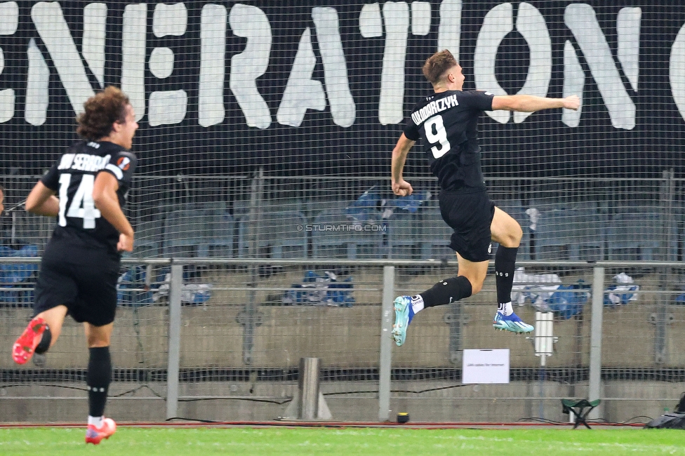 Sturm Graz - Atalanta
UEFA Europa League Gruppenphase 3. Spieltag, SK Sturm Graz - Atalanta Bergamo, Stadion Liebenau Graz, 26.10.2023. 

Foto zeigt Szymon Wloddarczyk (Sturm)
Schlüsselwörter: elfmeter torjubel