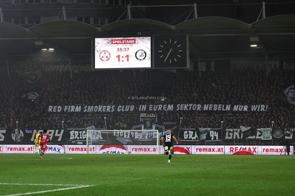 GAK - Sturm Graz
OEFB Cup, 3. Runde, Grazer AK - SK Sturm Graz, Stadion Liebenau Graz, 02.11.2023. 

Foto zeigt Fans von Sturm mit einem Spruchband
