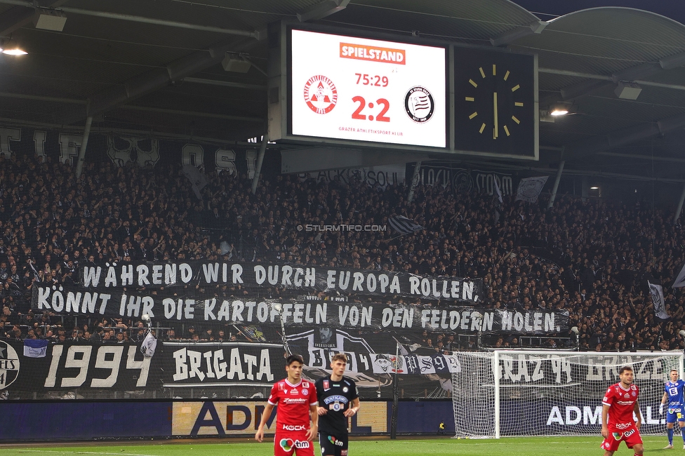 GAK - Sturm Graz
OEFB Cup, 3. Runde, GAK - SK Sturm Graz, Stadion Liebenau Graz, 02.11.2023. 

Foto zeigt Fans von Sturm mit einem Spruchband
