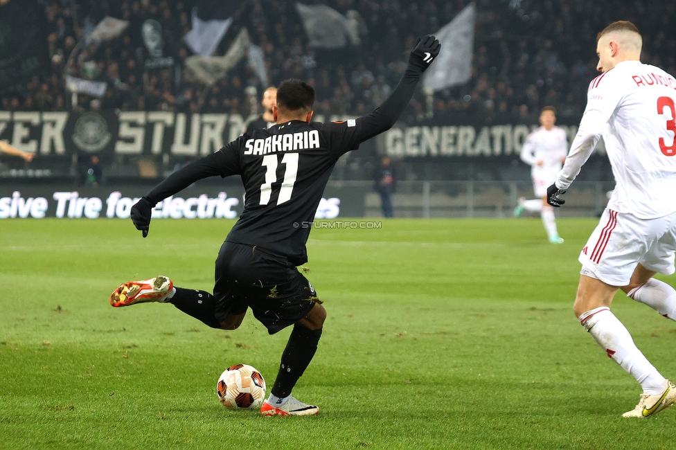 Sturm Graz - Rakow
UEFA Europa League Gruppenphase 5. Spieltag, SK Sturm Graz - Rakow Czestochowa, Stadion Liebenau Graz, 30.11.2023. 

Foto zeigt Manprit Sarkaria (Sturm)
