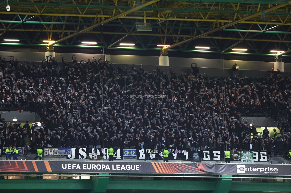 Sporting Lissabon - Sturm Graz
UEFA Europa League Gruppenphase 6. Spieltag, Sporting Lissabon - SK Sturm Graz, Estadio Jose Alvalade XXI Lissabon, 14.12.2023. 

Foto zeigt Fans von Sturm mit einer Choreografie
Schlüsselwörter: schals