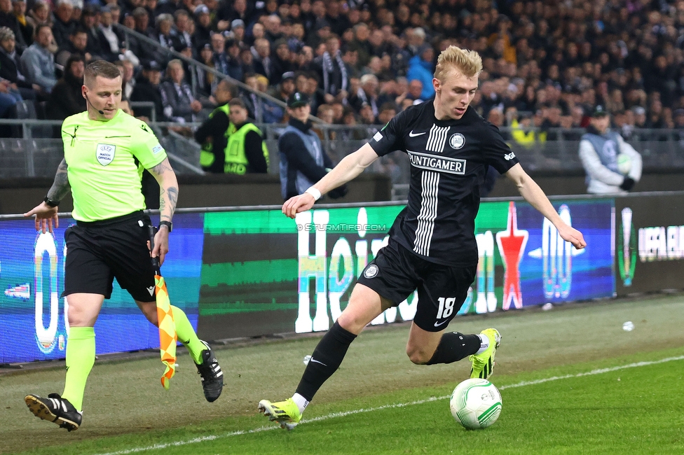 Sturm Graz - Slovan Bratislava
UEFA Conference League KO Play-offs, SK Sturm Graz - SK Slovan Bratislava, Stadion Liebenau Graz, 15.02.2024. 

Foto zeigt Mika Miles Biereth (Sturm)
