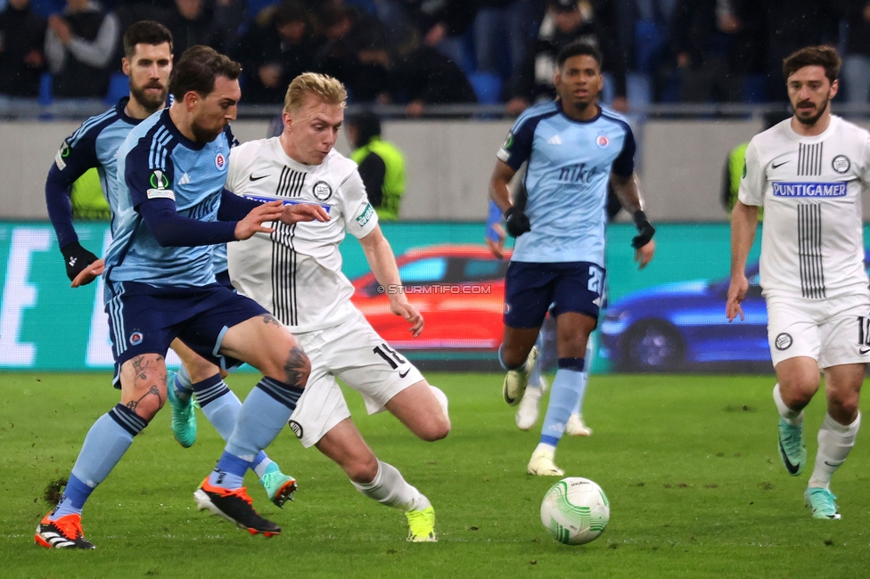 Slovan Bratislava - Sturm Graz
UEFA Conference League KO Play-offs, SK Slovan Bratislava - SK Sturm Graz, Stadium Tehelne pole Bratislava, 22.02.2024. 

Foto zeigt Mika Miles Biereth (Sturm)
