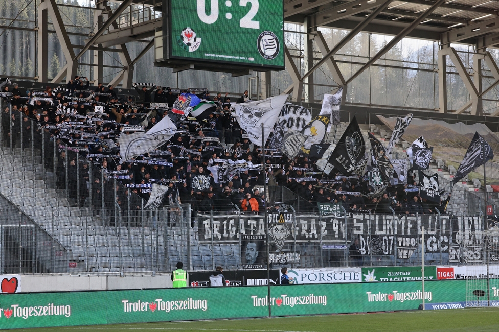 WSG Tirol - Sturm Graz
Oesterreichische Fussball Bundesliga, 20. Runde, WSG Tirol - SK Sturm Graz, Tivoli Neu Innsbruck, 25.02.2024. 

Foto zeigt Fans von Sturm
Schlüsselwörter: schals