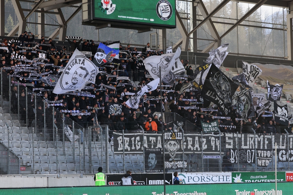 WSG Tirol - Sturm Graz
Oesterreichische Fussball Bundesliga, 20. Runde, WSG Tirol - SK Sturm Graz, Tivoli Neu Innsbruck, 25.02.2024. 

Foto zeigt Fans von Sturm
Schlüsselwörter: schals