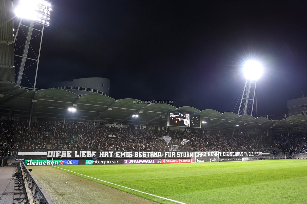 Sturm Graz - Lille
UEFA Conference League Achtelfinale, SK Sturm Graz - Lille Olympique Sporting Club, Stadion Liebenau Graz, 07.03.2024. 

Foto zeigt Fans von Sturm mit einem Spruchband
