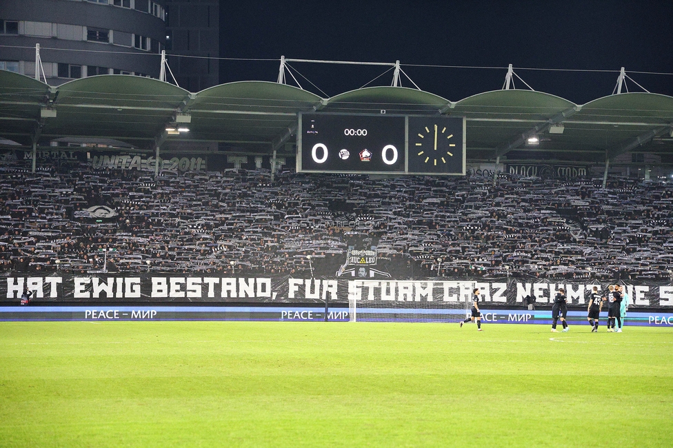 Sturm Graz - Lille
UEFA Conference League Achtelfinale, SK Sturm Graz - Lille Olympique Sporting Club, Stadion Liebenau Graz, 07.03.2024. 

Foto zeigt Fans von Sturm mit einem Spruchband
