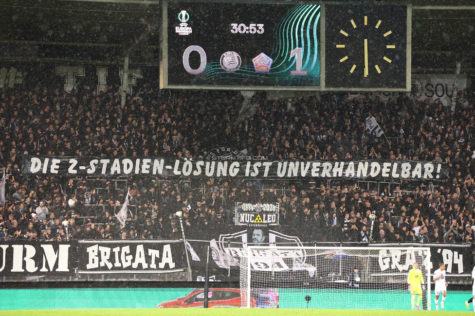 Sturm Graz - Lille
UEFA Conference League Achtelfinale, SK Sturm Graz - Lille Olympique Sporting Club, Stadion Liebenau Graz, 07.03.2024. 

Foto zeigt Fans von Sturm mit einem Spruchband
