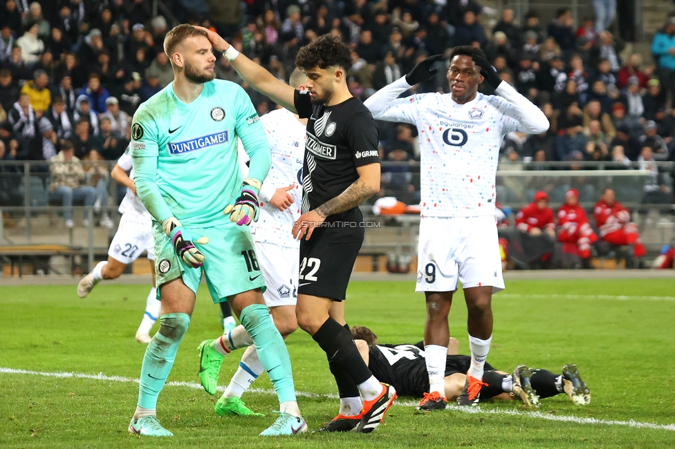 Sturm Graz - Lille
UEFA Conference League Achtelfinale, SK Sturm Graz - Lille Olympique Sporting Club, Stadion Liebenau Graz, 07.03.2024. 

Foto zeigt Viteslav Jaros (Sturm) und Jusuf Gazibegovic (Sturm)
