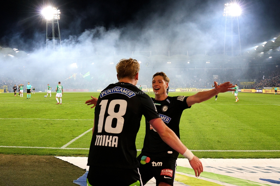 Sturm Graz - Rapid Wien
Oesterreichische Fussball Bundesliga, 27. Runde, SK Sturm Graz - SK Rapid Wien, Stadion Liebenau Graz, 19.04.2024. 

Foto zeigt Mika Biereth (Sturm) und Alexander Prass (Sturm)
Schlüsselwörter: torjubel