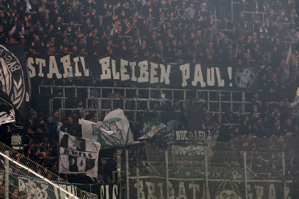 Rapid Wien - Sturm Graz
Oesterreichische Fussball Bundesliga, 28. Runde, SK Rapid Wien - SK Sturm Graz, Weststadion Wien, 24.04.2024. 

Foto zeigt Fans von Sturm mit einem Spruchband
Schlüsselwörter: brigata