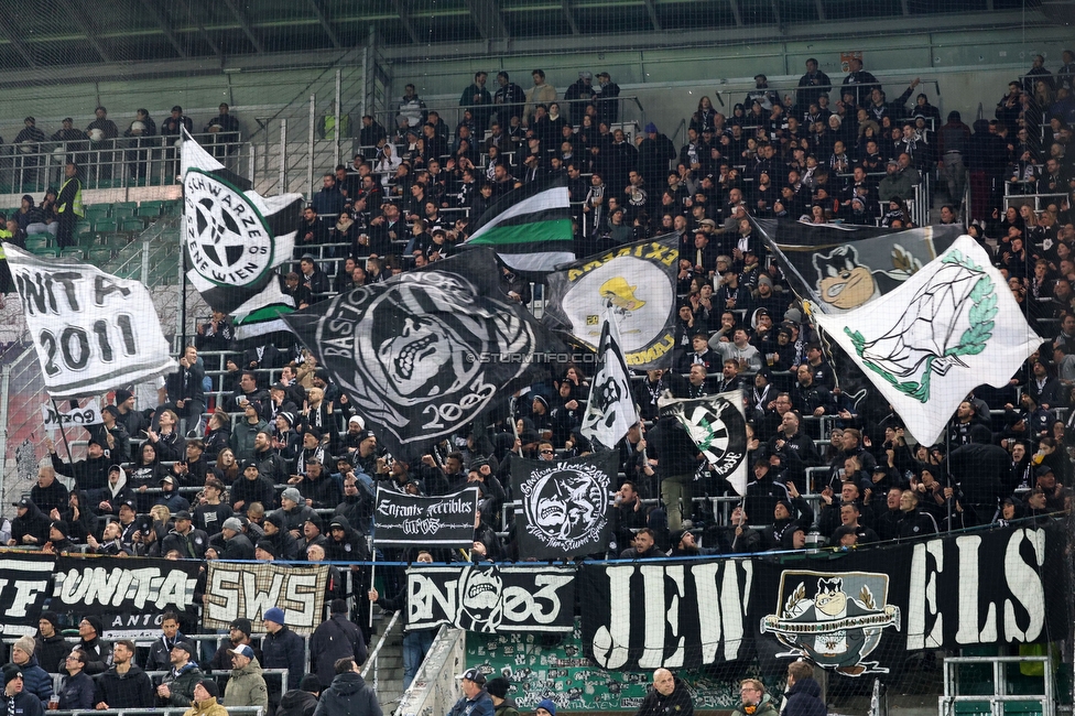 Rapid Wien - Sturm Graz
Oesterreichische Fussball Bundesliga, 28. Runde, SK Rapid Wien - SK Sturm Graz, Weststadion Wien, 24.04.2024. 

Foto zeigt Fans von Sturm
Schlüsselwörter: jewels bastion