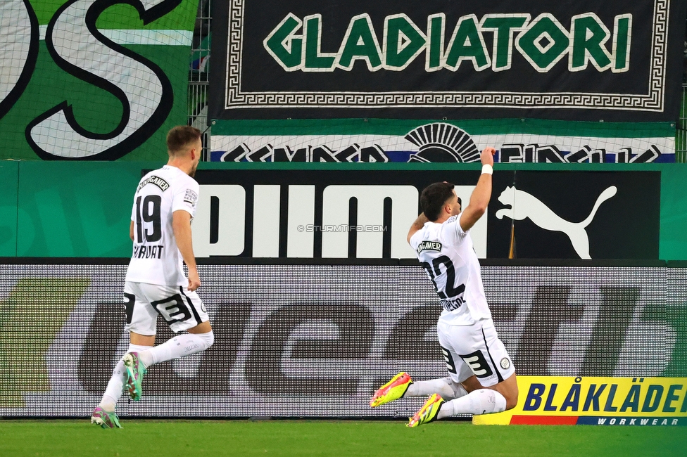 Rapid Wien - Sturm Graz
Oesterreichische Fussball Bundesliga, 28. Runde, SK Rapid Wien - SK Sturm Graz, Weststadion Wien, 24.04.2024. 

Foto zeigt Tomi Horvat (Sturm) und Jusuf Gazibegovic (Sturm)
Schlüsselwörter: torjubel