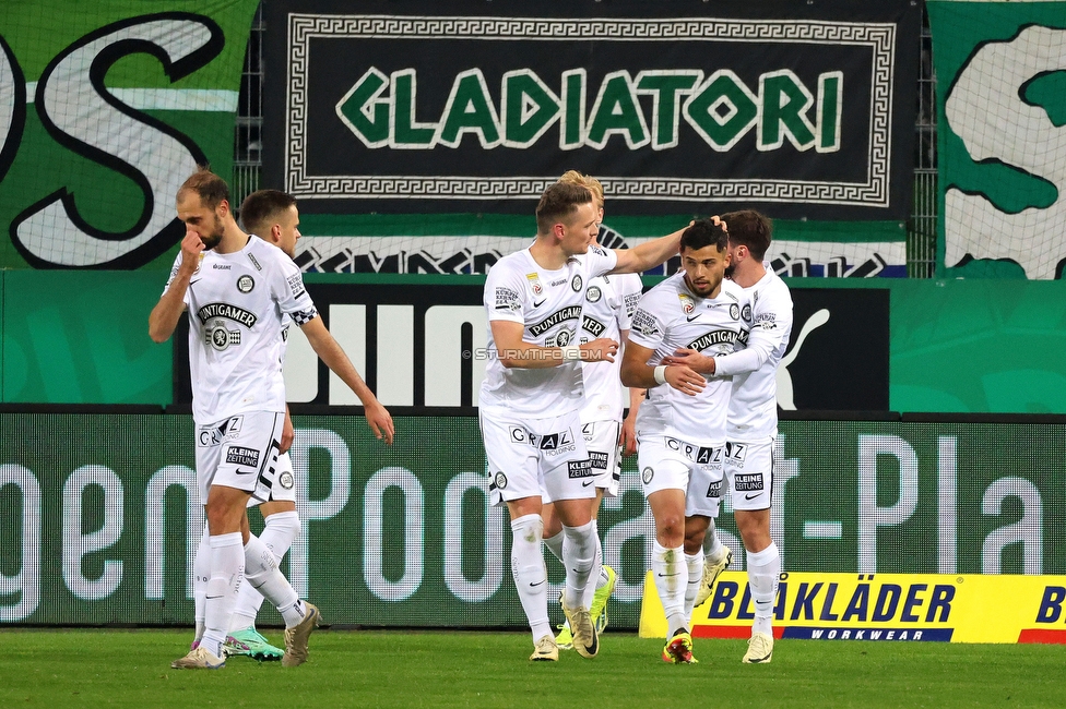 Rapid Wien - Sturm Graz
Oesterreichische Fussball Bundesliga, 28. Runde, SK Rapid Wien - SK Sturm Graz, Weststadion Wien, 24.04.2024. 

Foto zeigt Tomi Horvat (Sturm) und Jusuf Gazibegovic (Sturm)
Schlüsselwörter: torjubel