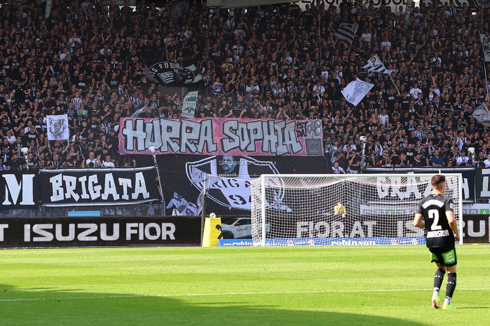 Sturm Graz - Hartberg
Oesterreichische Fussball Bundesliga, 30. Runde, SK Sturm Graz - TSV Hartberg, Stadion Liebenau Graz, 05.05.2024. 

Foto zeigt Fans von Sturm mit einem Spruchband
