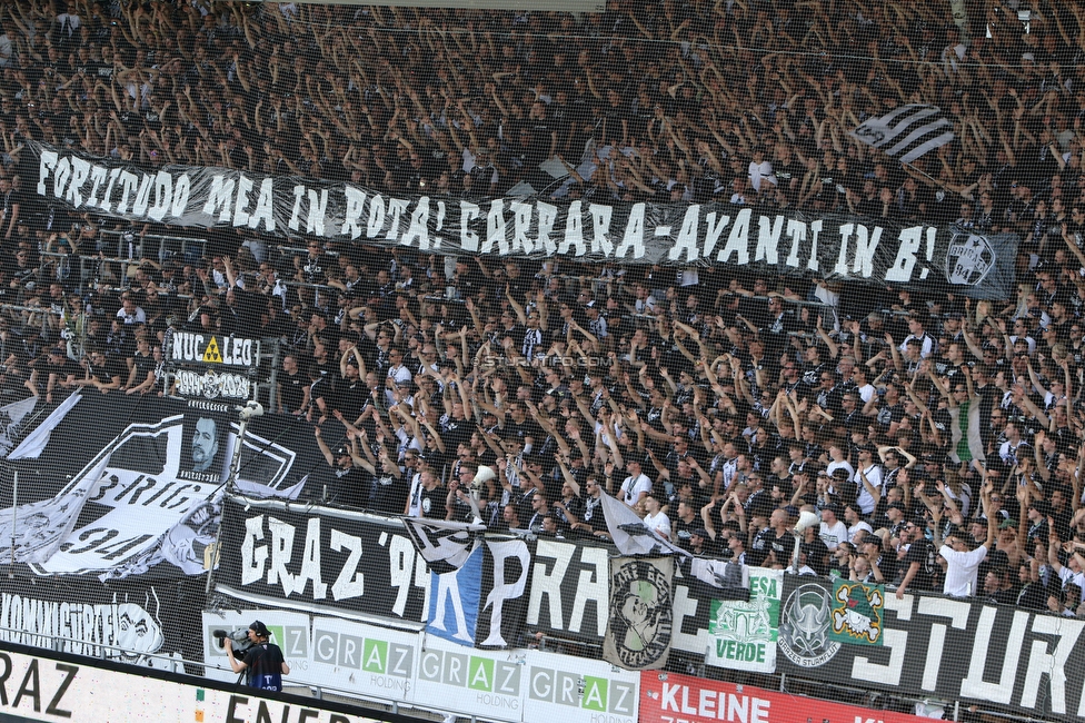 Sturm Graz - Austria Klagenfurt
Oesterreichische Fussball Bundesliga, 32. Runde, SK Sturm Graz - SK Austria Klagenfurt, Stadion Liebenau Graz, 19.05.2024. 

Foto zeigt Fans von Sturm mit einem Spruchband
Schlüsselwörter: brigata carrara