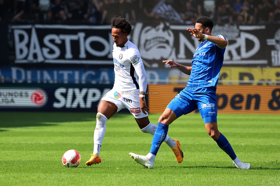 Sturm Graz - Blau-Weiss Linz
Oesterreichische Fussball Bundesliga, 26. Runde, SK Sturm Graz - FC Blau-Weiss Linz, Stadion Liebenau Graz, 20.04.2025. 

Foto zeigt Emanuel Aiwu (Sturm)
