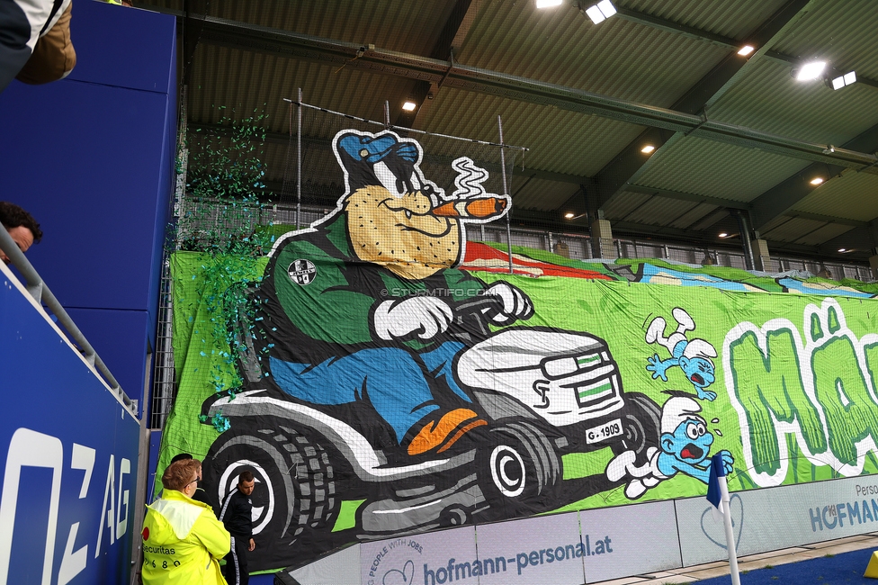 BW Linz - Sturm Graz
Oesterreichische Fussball Bundesliga, 29. Runde, Blau-Weiss Linz - SK Sturm Graz, Hofmann Personal Stadion Linz, 04.05.2025. 

Foto zeigt Fans von Sturm mit einer Choreografie
