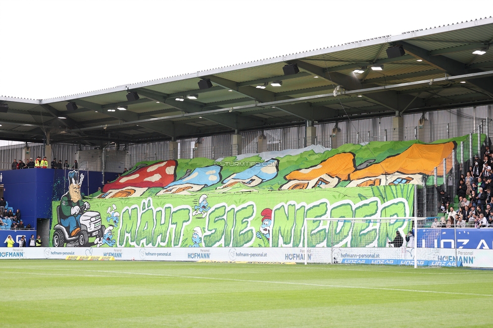 BW Linz - Sturm Graz
Oesterreichische Fussball Bundesliga, 29. Runde, Blau-Weiss Linz - SK Sturm Graz, Hofmann Personal Stadion Linz, 04.05.2025. 

Foto zeigt Fans von Sturm mit einer Choreografie
