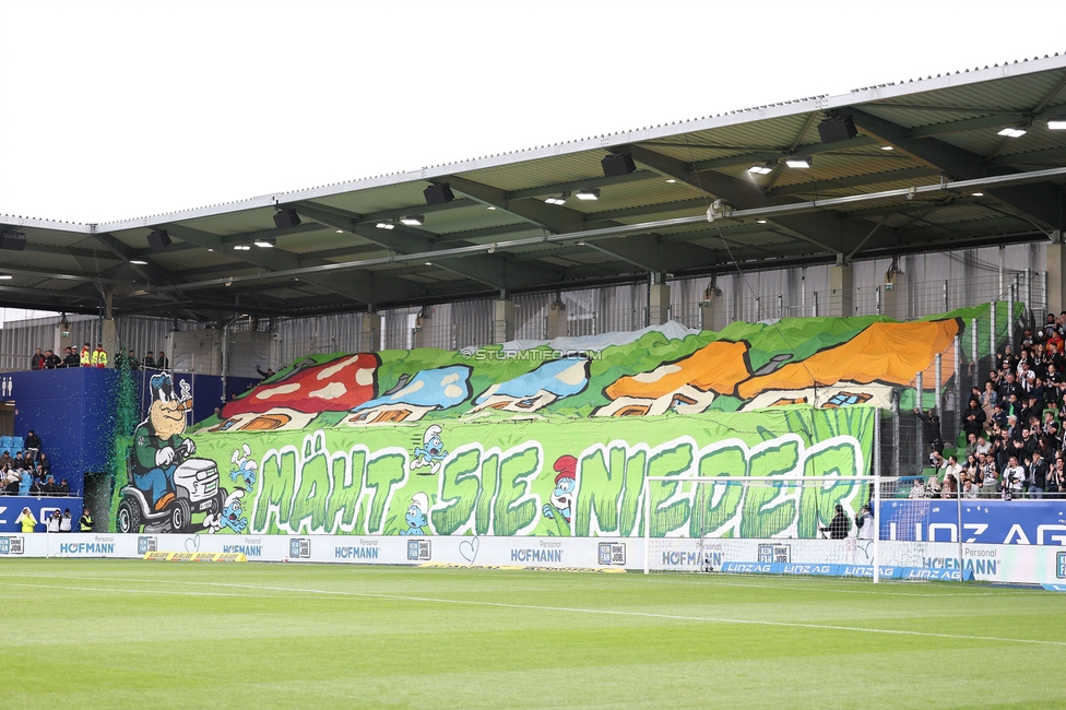 BW Linz - Sturm Graz
Oesterreichische Fussball Bundesliga, 29. Runde, Blau-Weiss Linz - SK Sturm Graz, Hofmann Personal Stadion Linz, 04.05.2025. 

Foto zeigt Fans von Sturm mit einer Choreografie
