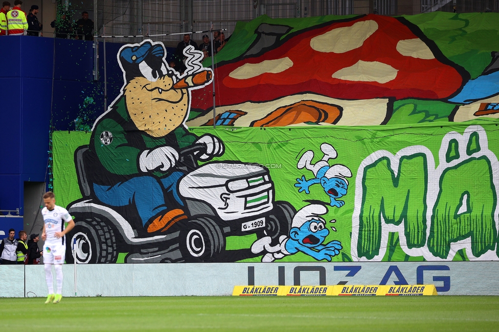 BW Linz - Sturm Graz
Oesterreichische Fussball Bundesliga, 29. Runde, Blau-Weiss Linz - SK Sturm Graz, Hofmann Personal Stadion Linz, 04.05.2025. 

Foto zeigt Fans von Sturm mit einer Choreografie
