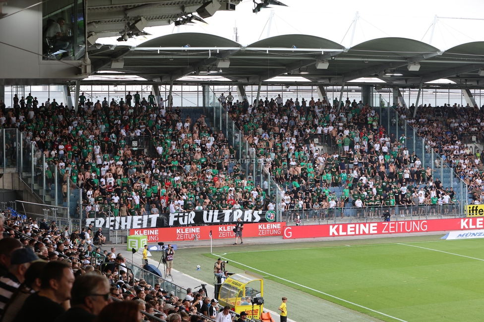 Sturm Graz - Rapid Wien
Oesterreichische Fussball Bundesliga, 2. Runde, SK Sturm Graz - SK Rapid Wien, Stadion Liebenau Graz, 10.08.2025. 

Foto zeigt Fans von Rapid mit einem Spruchband
Schlüsselwörter: repression