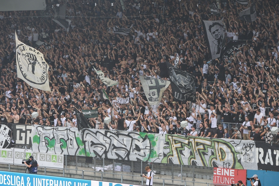 Sturm Graz - Rapid Wien
Oesterreichische Fussball Bundesliga, 2. Runde, SK Sturm Graz - SK Rapid Wien, Stadion Liebenau Graz, 10.08.2025. 

Foto zeigt Fans von Sturm mit einem Spruchband
Schlüsselwörter: repression