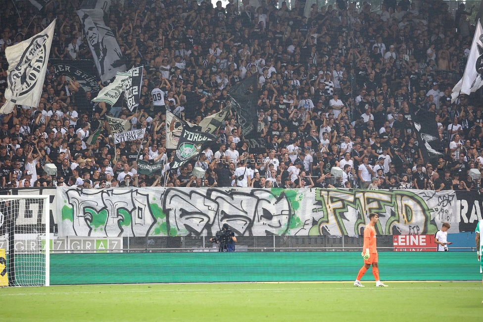Sturm Graz - Rapid
Oesterreichische Fussball Bundesliga, 2. Runde, SK Sturm Graz - SK Rapid Wien, Stadion Liebenau Graz, 10.08.2025. 

Foto zeigt Fans von Sturm mit einem Spruchband
Schlüsselwörter: sturmflut