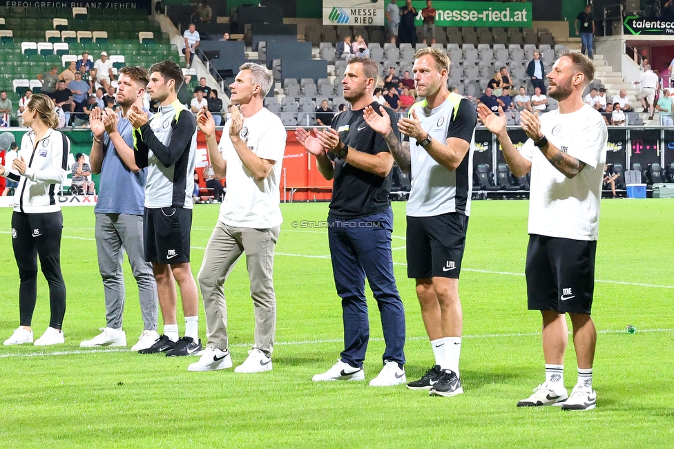 Ried - Sturm Graz
Oesterreichische Fussball Bundesliga, 3. Runde, SV Ried - SK Sturm Graz, Arena Ried, 16.08.2025. 

Foto zeigt Michael Parensen (Geschaeftsfuehrer Sport Sturm) und Juergen Saeumel (Cheftrainer Sturm)
