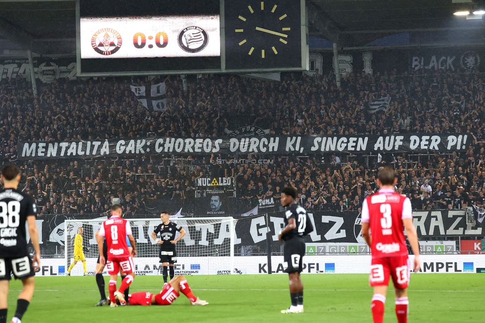 GAK - Sturm Graz
Oesterreichische Fussball Bundesliga, 2. Runde, GAK - SK Sturm Graz, Stadion Liebenau Graz, 30.08.2025. 

Foto zeigt Fans von Sturm mit einem Spruchband
