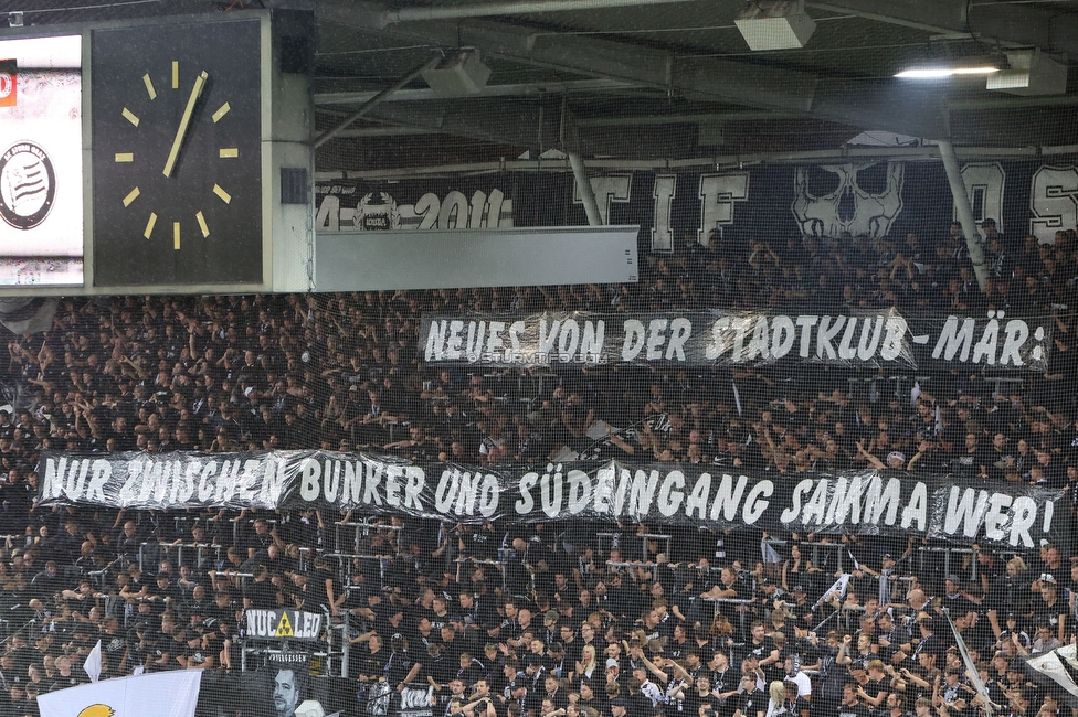 GAK - Sturm Graz
Oesterreichische Fussball Bundesliga, 5. Runde, Grazer AK - SK Sturm Graz, Stadion Liebenau Graz, 30.08.2025. 

Foto zeigt Fans von Sturm mit einem Spruchband

