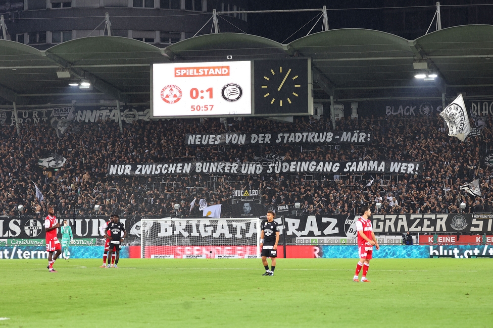 GAK - Sturm Graz
Oesterreichische Fussball Bundesliga, 2. Runde, GAK - SK Sturm Graz, Stadion Liebenau Graz, 30.08.2025. 

Foto zeigt Fans von Sturm mit einem Spruchband
