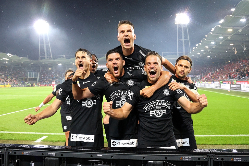 GAK - Sturm Graz
Oesterreichische Fussball Bundesliga, 5. Runde, Grazer AK - SK Sturm Graz, Stadion Liebenau Graz, 30.08.2025. 

Foto zeigt Leon Grgic (Sturm), Emir Karic (Sturm), Dimitri Lavalee (Sturm), Tomi Horvat (Sturm) und Stefan Hierlaender (Sturm)
Schlüsselwörter: torjubel