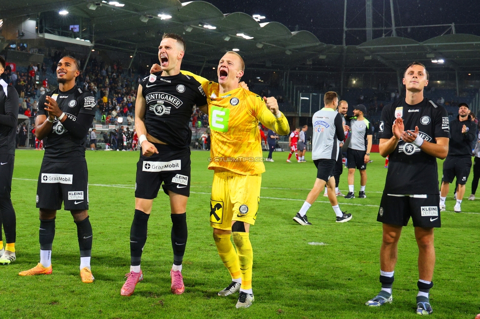 GAK - Sturm Graz
Oesterreichische Fussball Bundesliga, 5. Runde, Grazer AK - SK Sturm Graz, Stadion Liebenau Graz, 30.08.2025. 

Foto zeigt Dimitri Lavalee (Sturm) und Oliver Christensen (Sturm)
