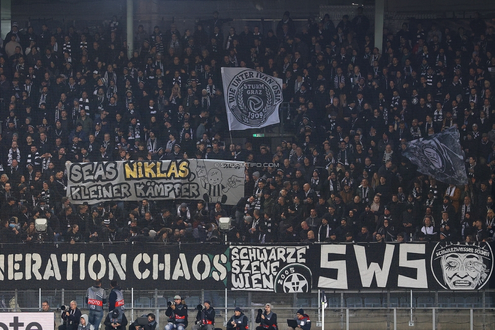 Sturm Graz - Nottingham
UEFA Europa League Gruppenphase 4. Spieltag, SK Sturm Graz - Nottingham Forest, Stadion Liebenau Graz, 06.11.2025. 

Foto zeigt Fans von Sturm mit einem Spruchband
Schlüsselwörter: sws